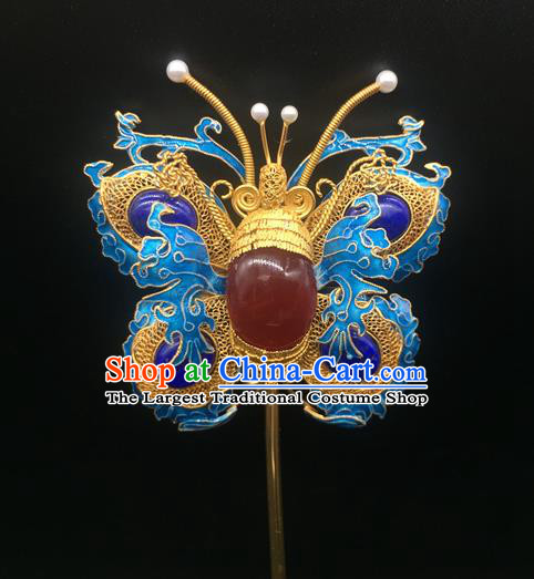 China Handmade Court Ruby Hair Stick Traditional Palace Headpiece Ancient Qing Dynasty Empress Enamel Butterfly Hairpin