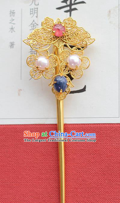 China Ancient Ming Dynasty Tourmaline Pearls Hairpin Traditional Palace Hair Jewelry Handmade Court Golden Butterfly Hair Stick