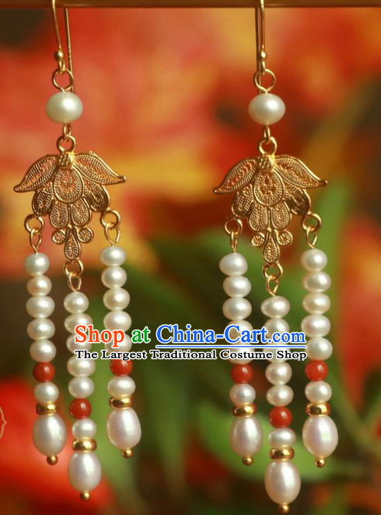 Handmade Traditional Chinese Court Ear Jewelry Ancient Ming Dynasty Pearls Tassel Earrings Accessories