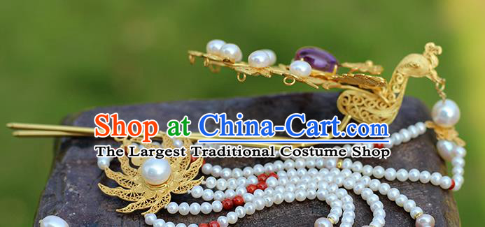 China Traditional Ming Dynasty Long Tassel Hair Stick Handmade Palace Hair Jewelry Ancient Court Empress Golden Phoenix Amethyst Hairpin