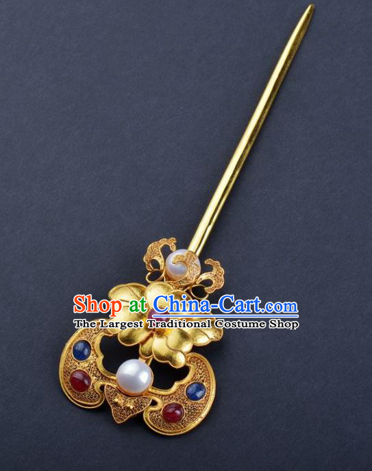 China Handmade Hair Jewelry Traditional Qing Dynasty Palace Gems Bat Hairpin Ancient Empress Golden Peony Hair Stick