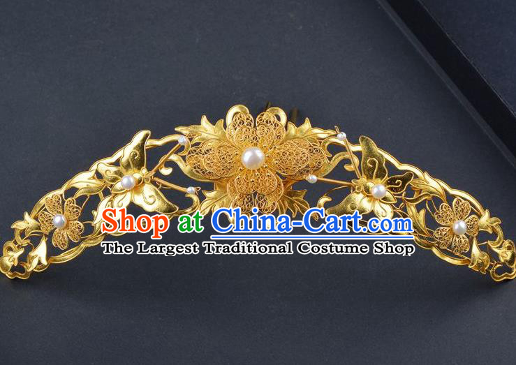 Traditional China Handmade Palace Hair Ornament Qing Dynasty Butterfly Pearls Hair Crown Ancient Empress Filigree Golden Peony Hairpin