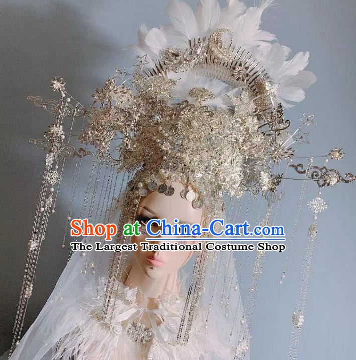 Top Grade Baroque Stage Show Bride Phoenix Coronet China Wedding Hair Ornament Handmade Court Queen Deluxe White Feather Hair Crown