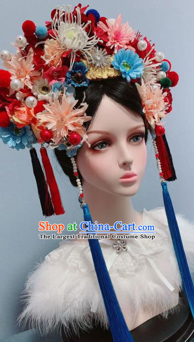 Handmade Chinese Silk Flowers Phoenix Coronet Traditional Wedding Hair Accessories Ancient Empress Headwear