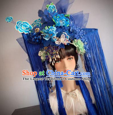 Handmade Chinese Bride Blue Velvet Chrysanthemum Phoenix Coronet Traditional Wedding Hair Accessories Stage Performance Hair Crown