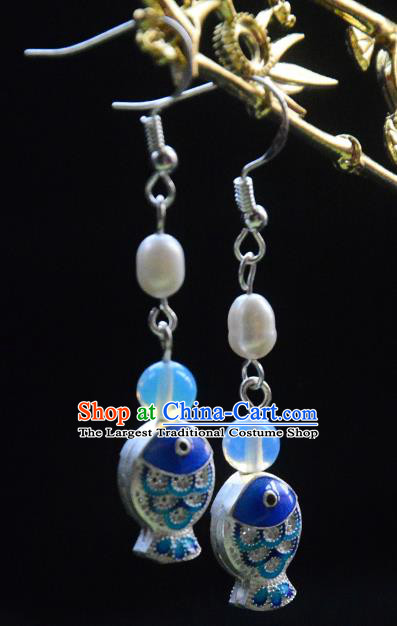 Handmade Chinese Ancient Princess Argent Earrings Jewelry Traditional Blueing Fish Ear Accessories