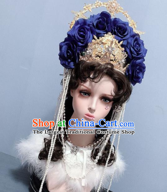 Top Handmade Blue Roses Royal Crown Hair Accessories Stage Show Hair Ornament Baroque Princess Hair Clasp