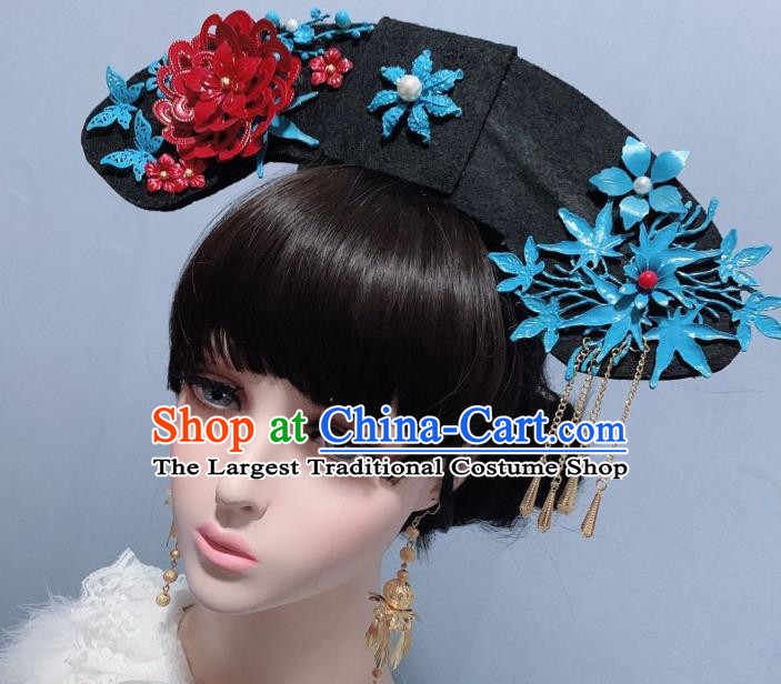 China Traditional Drama Headdress Qing Dynasty Court Lady Cloisonne Red Peony Phoenix Coronet Ancient Imperial Consort Hair Accessories