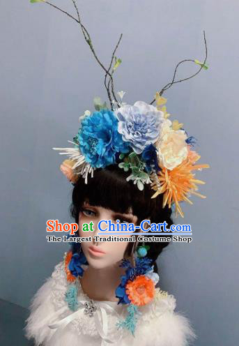 Top Wedding Princess Hair Accessories Chaplet Stage Show Headwear Handmade Blue Peony Royal Crown