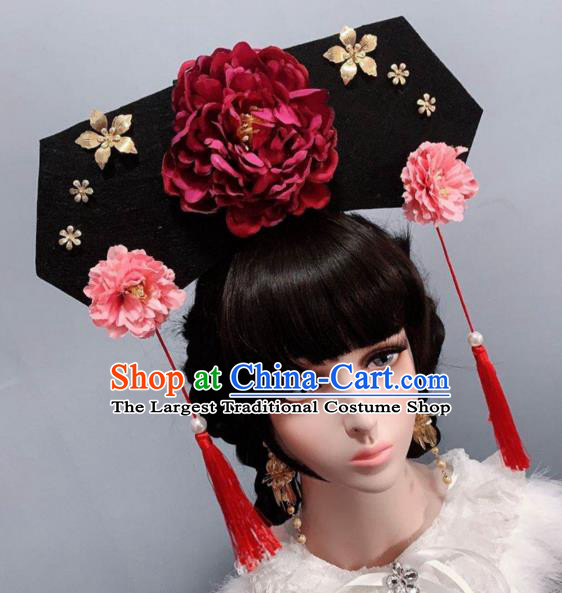 China Traditional Qing Dynasty Palace Lady Headwear Hair Accessories Ancient Princess Purplish Red Peony Hat