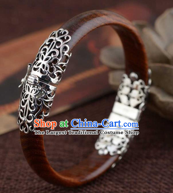 China Traditional Handmade Rosewood Bracelet National Silver Bangle Accessories