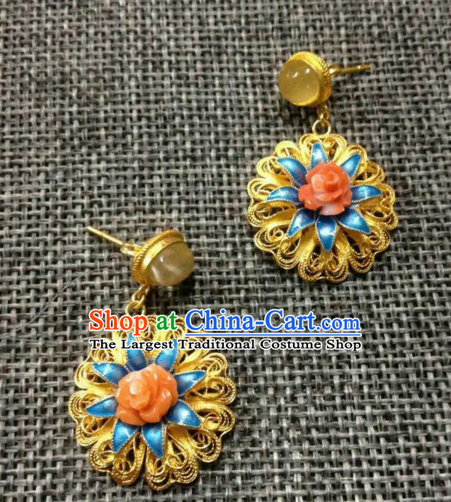 Handmade Chinese Golden Sunflower Earrings Jewelry Traditional Classical Wedding Bride Ear Accessories