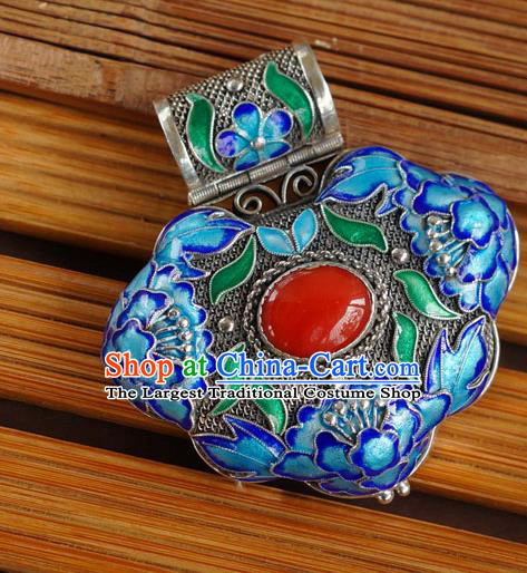 China Handmade Cloisonne Peony Necklace Pendant National Silver Sachet Jewelry Traditional Ruby Accessories