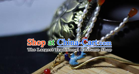 China Ming Dynasty Queen Blueing Phoenix Hair Stick Traditional Hanfu Hair Accessories Ancient Empress Pearls Hairpin