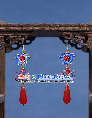 Chinese Classical Blueing Lotus Earrings Traditional Qing Dynasty Jewelry Ornaments Handmade Ancient Empress Ear Accessories