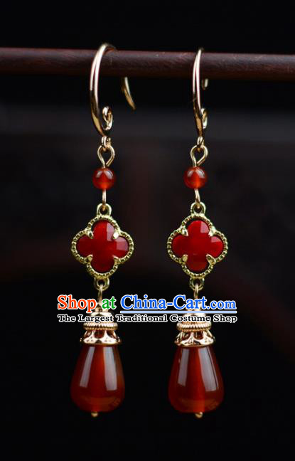 Chinese Classical Red Agate Earrings Traditional Jewelry Ornaments Handmade Clover Ear Accessories