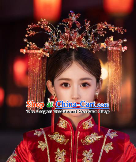 China Bride Hair Crown Traditional Wedding Hair Accessories Handmade Tassel Phoenix Coronet