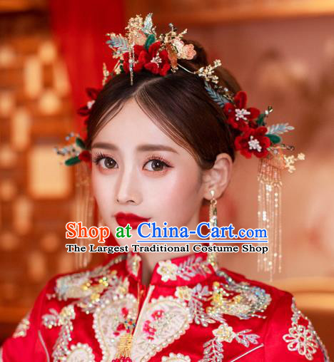 China Wedding Bride Hair Jewelry Handmade Xiuhe Suit Hair Accessories Traditional Red Velvet Flower Hair Comb and Tassel Hairpins Full Set