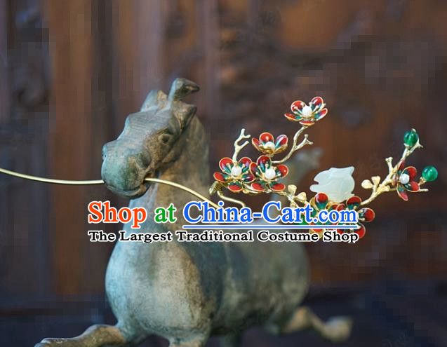 China Traditional Bride Enamel Red Plum Hairpin Xiuhe Suit Hair Accessories Wedding Jade Rabbit Hair Stick