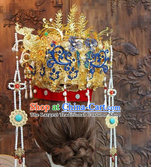 China Traditional Ming Dynasty Empress Blueing Hair Accessories Ancient Court Queen Tassel Phoenix Coronet Complete Set