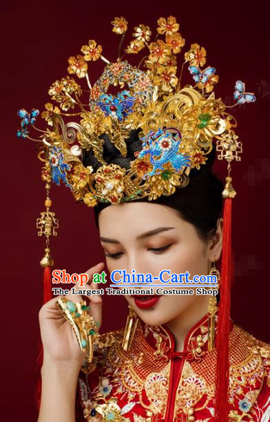 China Traditional Blueing Phoenix Coronet Wedding Hairpins Earrings Ancient Bride Deluxe Hair Accessories Full Set