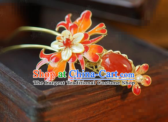 China Traditional Bride Enamel Red Peony Hairpin Xiuhe Suit Hair Accessories Wedding Shell Plum Blossom Hair Stick