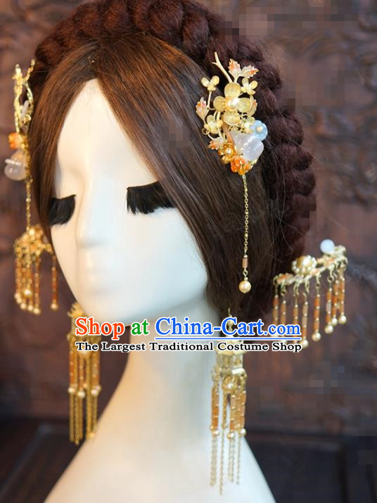 China Traditional Wedding Golden Plum Hair Sticks Ancient Bride Tassel Hairpins Full Set
