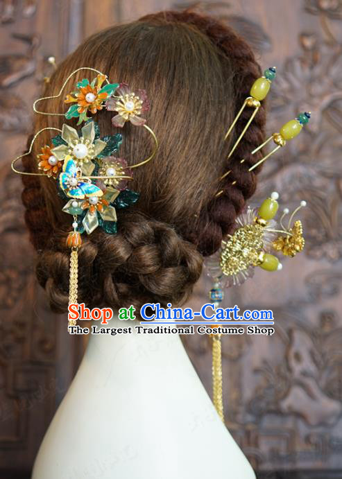 China Wedding Bride Flowers Hairpin Traditional Xiuhe Suit Hair Accessories Ancient Blueing Butterfly Hair Stick