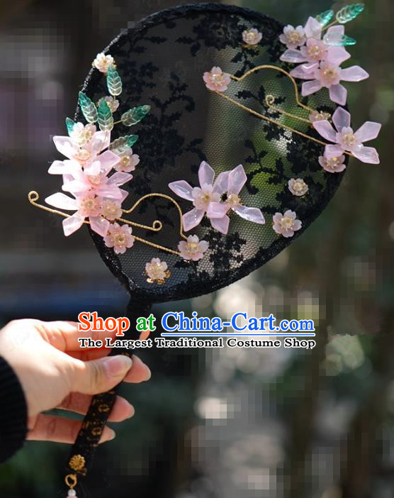 Chinese Handmade Traditional Black Lace Palace Fan Ancient Wedding Bride Accessories Round Fan