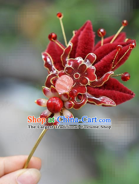 China Ancient Bride Hairpin Traditional Xiuhe Suit Hair Accessories Wedding Red Velvet Hair Stick