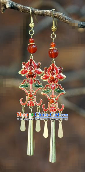 Top Grade China Qing Dynasty Lotus Ear Jewelry Traditional Hanfu Accessories Ancient Bride Cloisonne Red Earrings