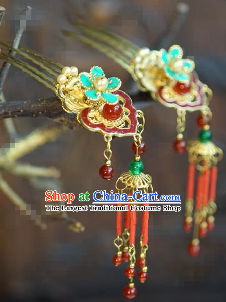 China Ancient Princess Golden Hair Clip Traditional Xiuhe Suit Hair Jewelry Accessories Court Enamel Red Hairpin