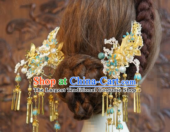 China Ancient Bride Golden Tassel Hairpin Traditional Xiuhe Suit Hair Jewelry Accessories Wedding Hair Sticks