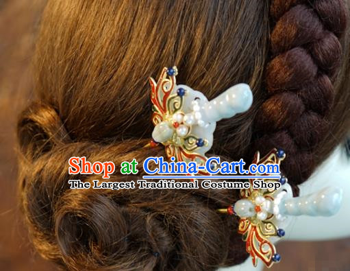 China Ancient Bride Jade Hair Clips Traditional Xiuhe Suit Hair Jewelry Accessories Wedding Cloisonne Lotus Hairpins