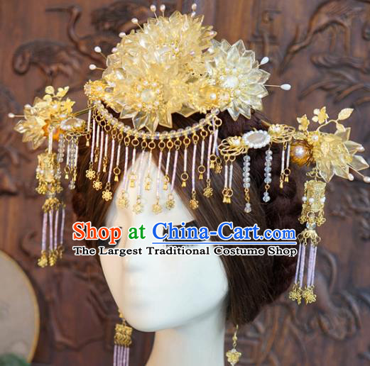 China Ancient Bride Beige Flowers Hair Crown Traditional Xiuhe Suit Hairpins Hair Sticks Wedding Luxury Hair Accessories Full Set