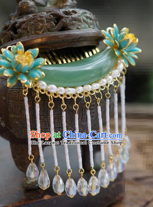 China Ancient Pearls Jade Hair Comb Traditional Xiuhe Suit Hair Jewelry Accessories Court Princess Tassel Hair Stick