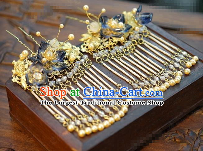 China Ancient Palace Tassel Hair Sticks Traditional Xiuhe Suit Hair Jewelry Accessories Qing Dynasty Goldfish Lotus Hairpins