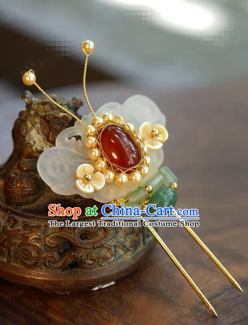 China Ancient Bride Pearls Agate Hairpin Traditional Xiuhe Suit Hair Accessories Wedding Jewelry Adornment Jade Butterfly Hair Stick