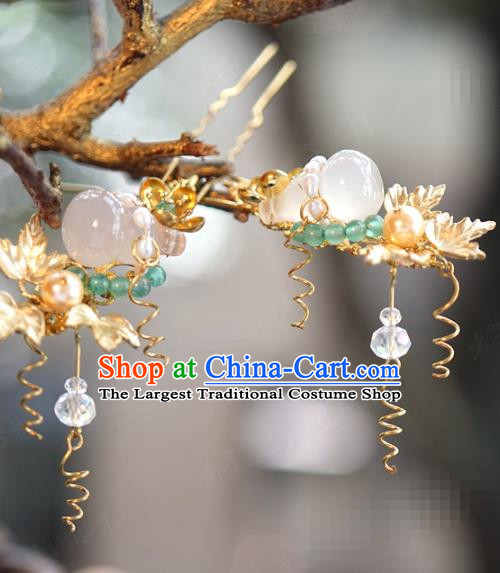 China Hanfu Little Hairpin Ancient Traditional Xiuhe Suit Hair Jewelry Accessories White Chalcedony Gourd Hair Clip