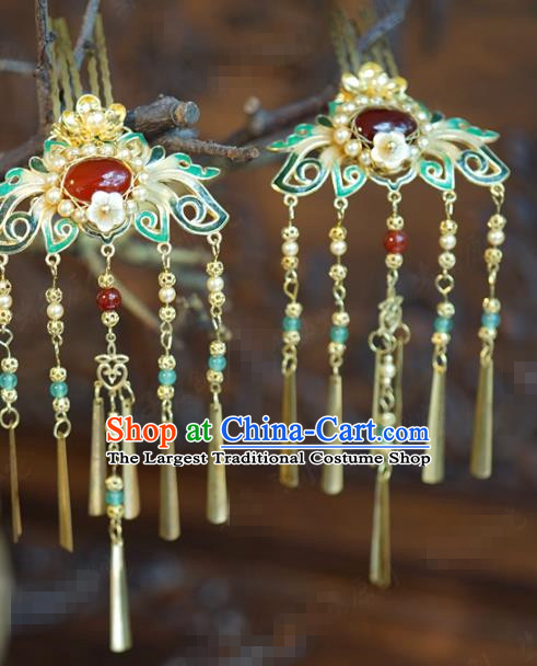 China Hanfu Cloisonne Lotus Hair Combs Ancient Traditional Xiuhe Suit Hair Jewelry Accessories Agate Hairpins