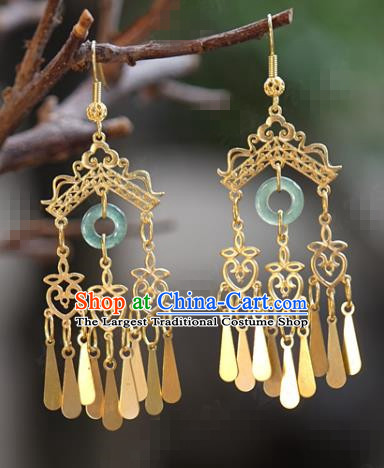 Top Grade China Golden Tassel Ear Jewelry Traditional Hanfu Accessories Ancient Bride Jade Earrings