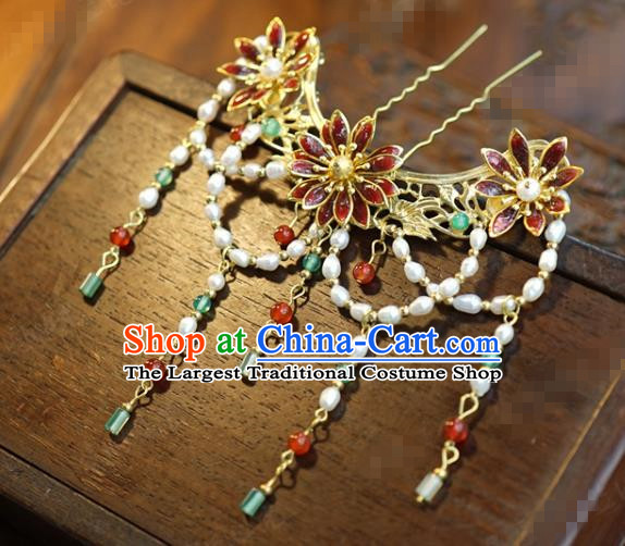 China Ancient Pearls Tassel Step Shake Palace Hairpin Traditional Xiuhe Suit Hair Jewelry Accessories Cloisonne Red Hair Stick
