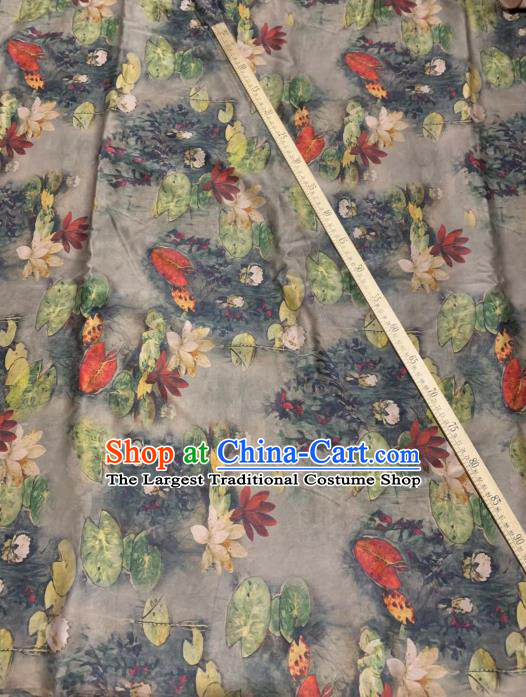 Chinese Classical Lotus Pattern Design Grey Gambiered Guangdong Gauze Fabric Asian Traditional Cheongsam Silk Material