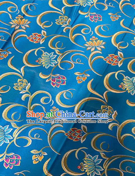 Chinese Classical Twine Lotus Pattern Design Blue Brocade Fabric Asian Traditional Satin Tang Suit Silk Material