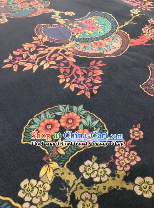 Chinese Classical Fan Flowers Pattern Design Black Gambiered Guangdong Gauze Fabric Asian Traditional Cheongsam Silk Material