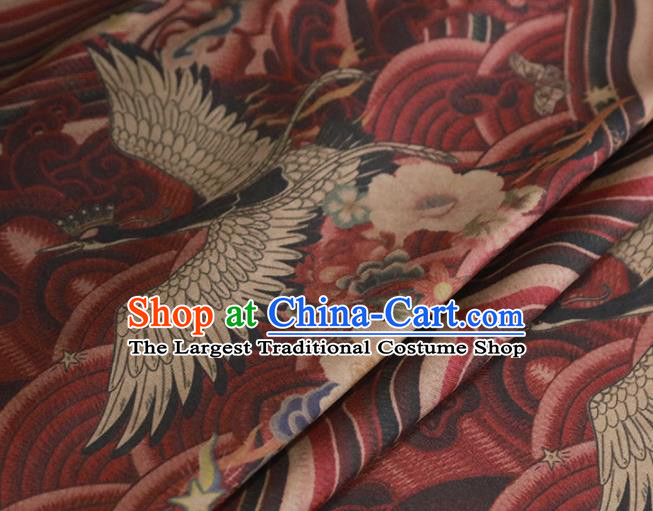 Chinese Classical Wave Crane Pattern Design Dark Red Gambiered Guangdong Gauze Fabric Asian Traditional Cheongsam Silk Material