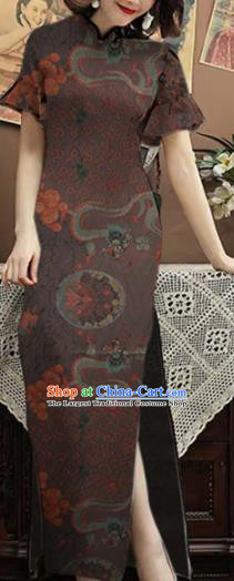 Chinese Classical Dragon Pattern Design Deep Brown Mulberry Silk Fabric Asian Traditional Cheongsam Silk Material