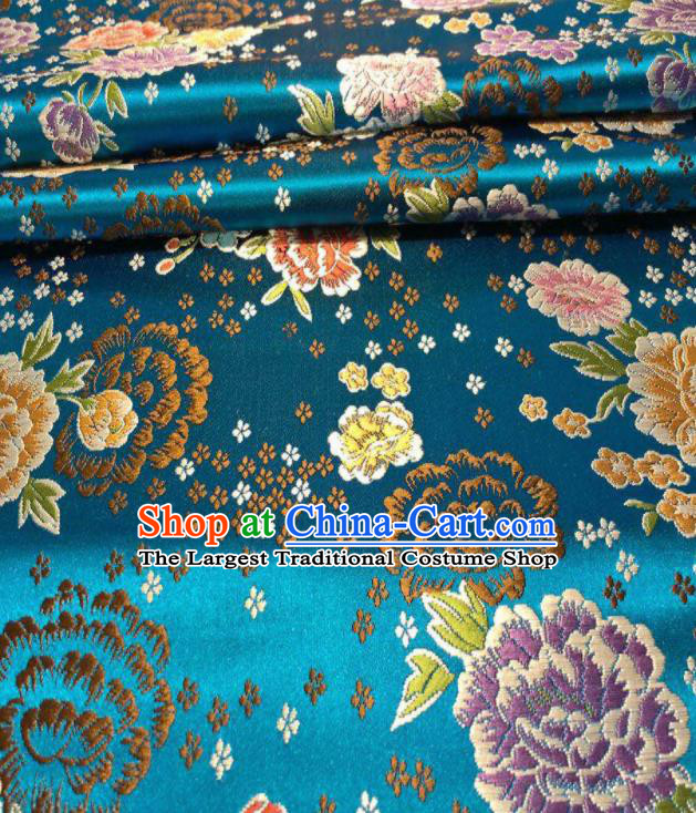 Chinese Classical Embroidered Peony Pattern Design Lake Blue Brocade Fabric Asian Traditional Satin Silk Material