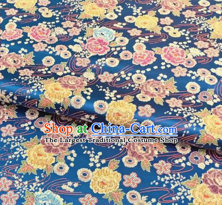 Chinese Classical Peony Plum Pattern Design Lake Blue Brocade Fabric Asian Traditional Satin Silk Material