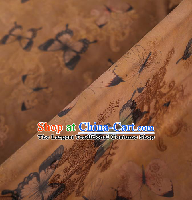 Chinese Classical Butterfly Pattern Design Light Brown Gambiered Guangdong Gauze Fabric Asian Traditional Cheongsam Silk Material